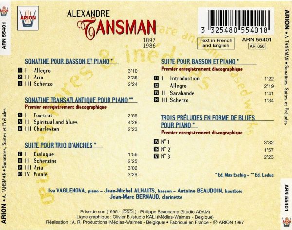 Tansman - Sonatine transatlantique pour piano - Suite pour basson et piano - Trois préludes...